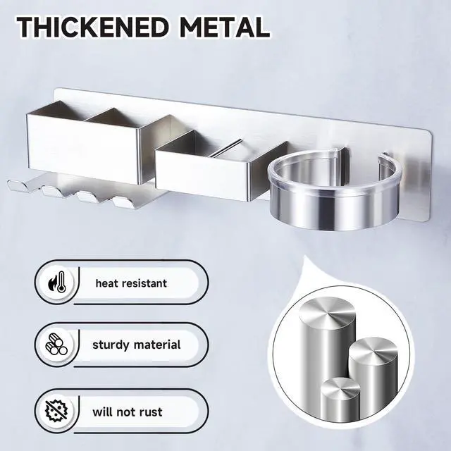 Alt view image 2 of 7 - Blow Dryer Holder Wall Mounted, Hair Dryer and Straightener Holder, Silver