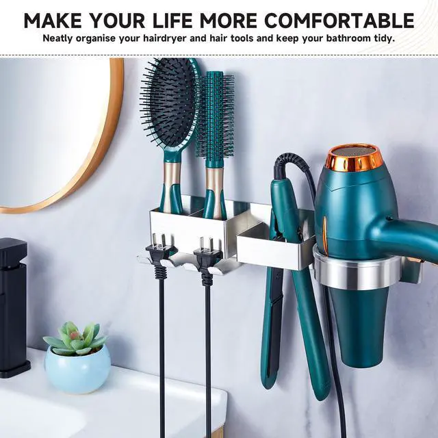Alt view image 3 of 7 - Blow Dryer Holder Wall Mounted, Hair Dryer and Straightener Holder, Silver