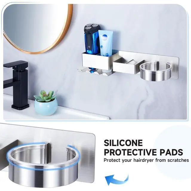 Alt view image 4 of 7 - Blow Dryer Holder Wall Mounted, Hair Dryer and Straightener Holder, Silver