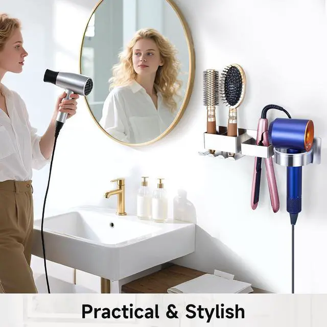 Alt view image 7 of 7 - Blow Dryer Holder Wall Mounted, Hair Dryer and Straightener Holder, Silver