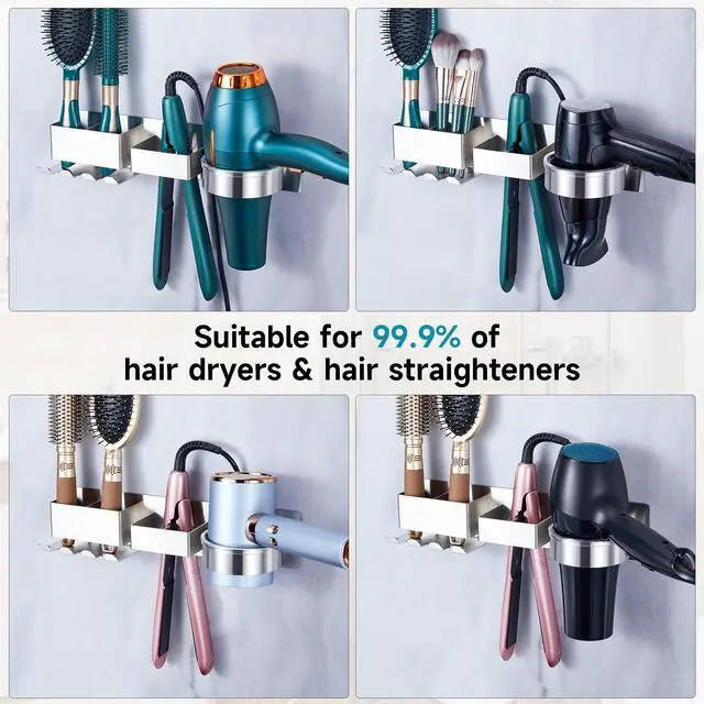 Alt view image 5 of 7 - Blow Dryer Holder Wall Mounted, Hair Dryer and Straightener Holder, Silver