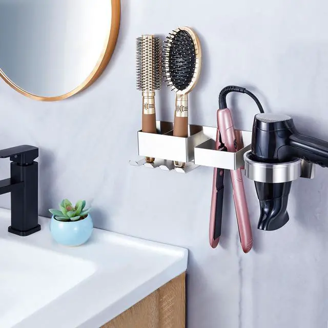 Alt view image 6 of 7 - Blow Dryer Holder Wall Mounted, Hair Dryer and Straightener Holder, Silver