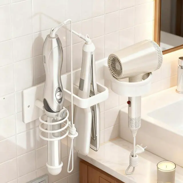 Main image of Hair Dryer Holder Wall Mounted Blow Dryer Holder Curling Iron Holder Straightener Holder 3 in 1 Bathroom Metal Hair Tool Organizer RackWhite