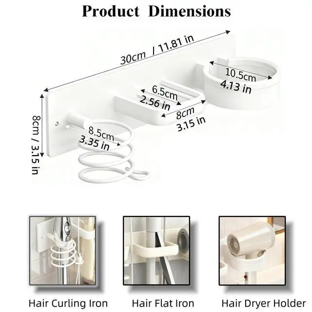 Alt view image 5 of 7 - Hair Dryer Holder Wall Mounted Blow Dryer Holder Curling Iron Holder Straightener Holder 3 in 1 Bathroom Metal Hair Tool Organizer RackWhite