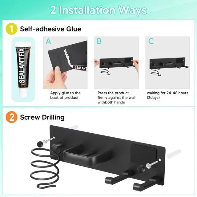 Alt view image 7 of 7 - Hair Tool Organizer Wall Mount, Aluminum Hair Dryer Holder and Curling Iron Rack with Hooks, Space Saving Bathroom Hair Styling Tool Storage for Blow Dryer, Flat Iron, Curling Tools (Hook)