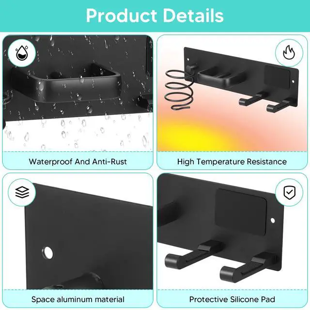 Alt view image 4 of 7 - Hair Tool Organizer Wall Mount, Aluminum Hair Dryer Holder and Curling Iron Rack with Hooks, Space Saving Bathroom Hair Styling Tool Storage for Blow Dryer, Flat Iron, Curling Tools (Hook)