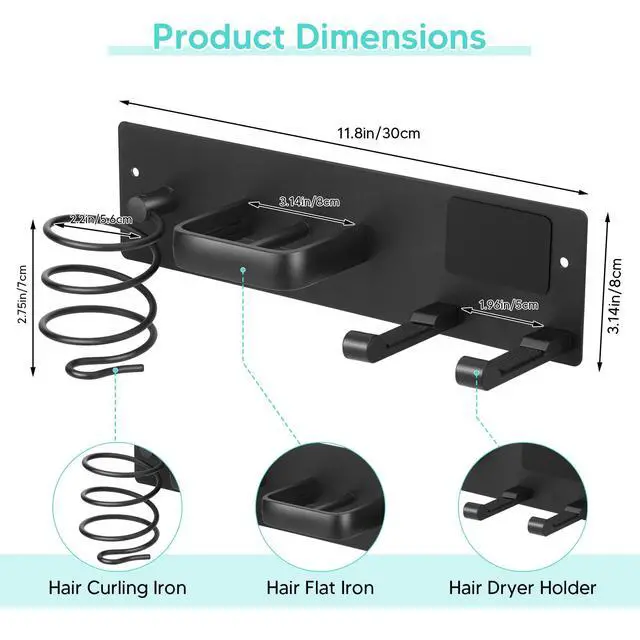 Alt view image 3 of 7 - Hair Tool Organizer Wall Mount, Aluminum Hair Dryer Holder and Curling Iron Rack with Hooks, Space Saving Bathroom Hair Styling Tool Storage for Blow Dryer, Flat Iron, Curling Tools (Hook)