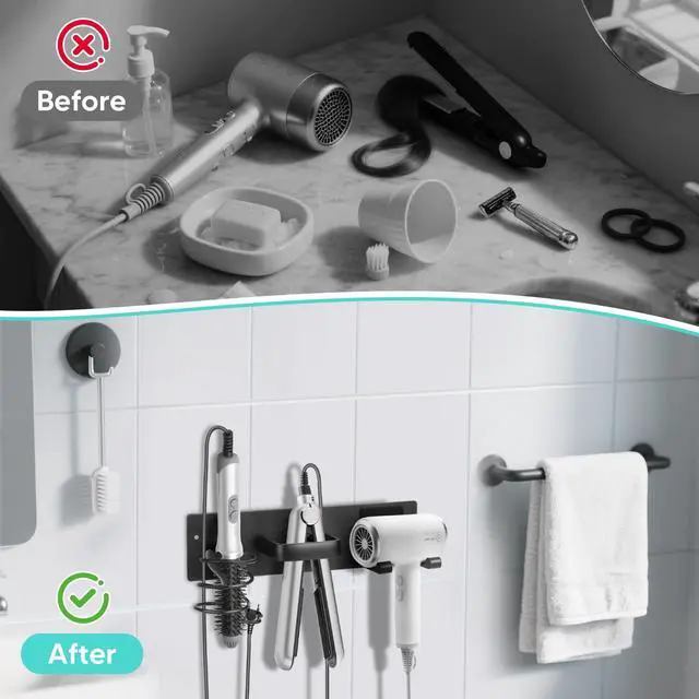 Alt view image 6 of 7 - Hair Tool Organizer Wall Mount, Aluminum Hair Dryer Holder and Curling Iron Rack with Hooks, Space Saving Bathroom Hair Styling Tool Storage for Blow Dryer, Flat Iron, Curling Tools (Hook)