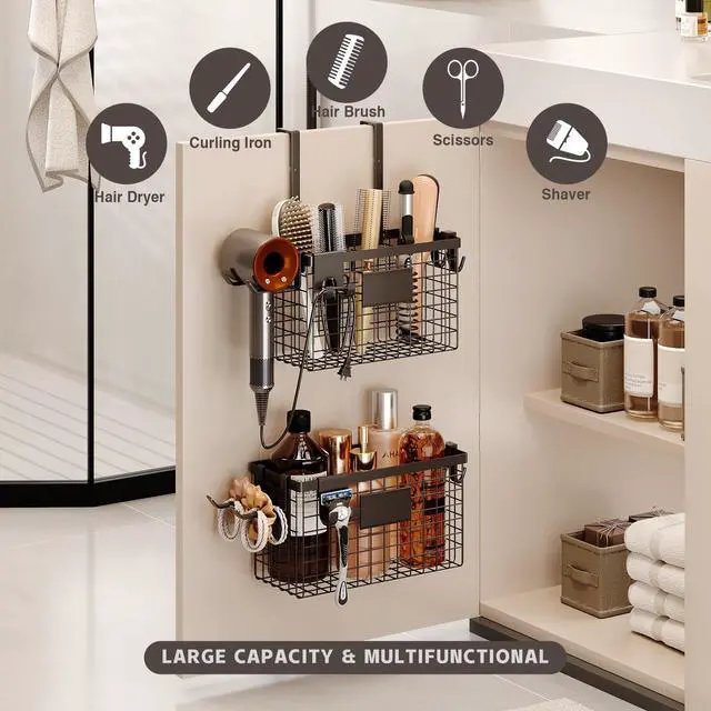 Alt view image 3 of 7 - Hair Dryer Holder Cabinet Door 3-in-1 Adhesive Hair Tool Organizer Wall Mounted Adjustable Height Blow Dryer Holder Under Sink Bathroom Hair Appliance Organizer and Storage Countertop(Black)