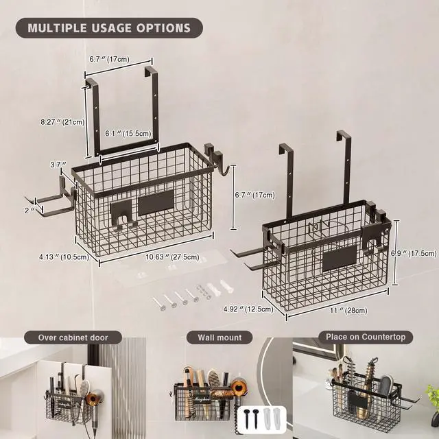 Alt view image 5 of 7 - Hair Dryer Holder Cabinet Door 3-in-1 Adhesive Hair Tool Organizer Wall Mounted Adjustable Height Blow Dryer Holder Under Sink Bathroom Hair Appliance Organizer and Storage Countertop(Black)