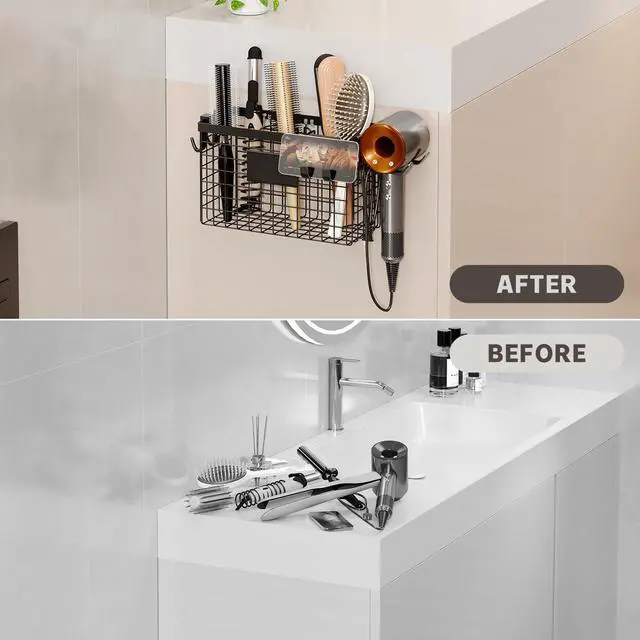 Alt view image 7 of 7 - Hair Dryer Holder Cabinet Door 3-in-1 Adhesive Hair Tool Organizer Wall Mounted Adjustable Height Blow Dryer Holder Under Sink Bathroom Hair Appliance Organizer and Storage Countertop(Black)
