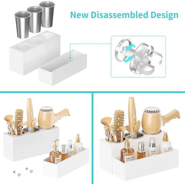 Alt view image 3 of 7 - Hair Tool Organizer, Acrylic Hair Dryer Holder, Bathroom Countertop Blow Dryer Stand Storage, Vanity Organizer for Accessories, Makeup, Flat Irons, Curling Irons, and Toiletries (White)