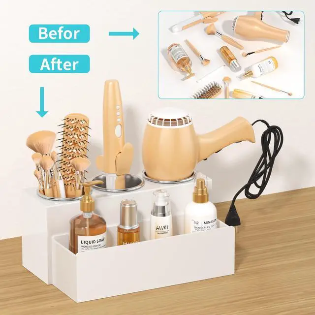 Alt view image 5 of 7 - Hair Tool Organizer, Acrylic Hair Dryer Holder, Bathroom Countertop Blow Dryer Stand Storage, Vanity Organizer for Accessories, Makeup, Flat Irons, Curling Irons, and Toiletries (White)