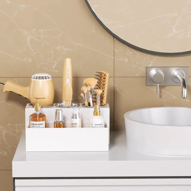 Alt view image 6 of 7 - Hair Tool Organizer, Acrylic Hair Dryer Holder, Bathroom Countertop Blow Dryer Stand Storage, Vanity Organizer for Accessories, Makeup, Flat Irons, Curling Irons, and Toiletries (White)