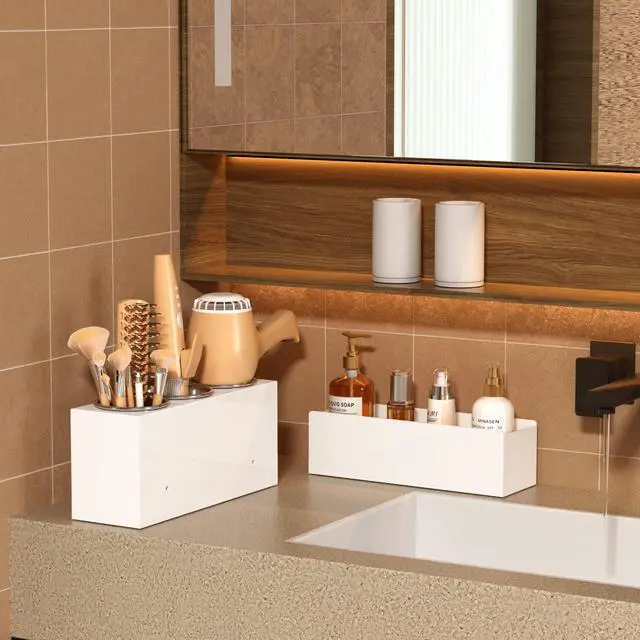 Alt view image 4 of 7 - Hair Tool Organizer, Acrylic Hair Dryer Holder, Bathroom Countertop Blow Dryer Stand Storage, Vanity Organizer for Accessories, Makeup, Flat Irons, Curling Irons, and Toiletries (White)