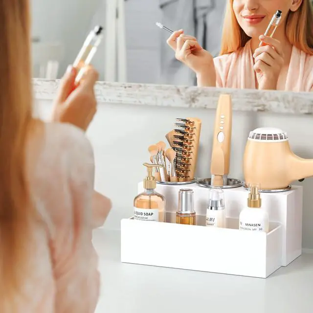 Alt view image 7 of 7 - Hair Tool Organizer, Acrylic Hair Dryer Holder, Bathroom Countertop Blow Dryer Stand Storage, Vanity Organizer for Accessories, Makeup, Flat Irons, Curling Irons, and Toiletries (White)