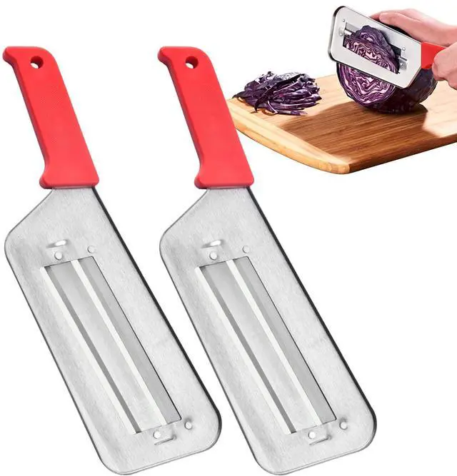 Main image of 2 PACK Cabbage Chopper Shredder Slicing Cutting Sauerkraut Cutter Grater, Two Sharp Stainless Steel Blades for Sauerkraut Coleslaw Mandoline Slicer with Silicone Finger Grips Peeler