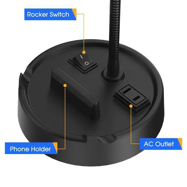 Alt view image 2 of 7 - Energetic LED Desk Lamp with Phone Holder, Table Lamp with AC Outlet, Adjustable Flexible Gooseneck, 4000K, Eye-Care Reading Light for Bedroom, Study, Computer Desk, Living Room, Home Office, Black