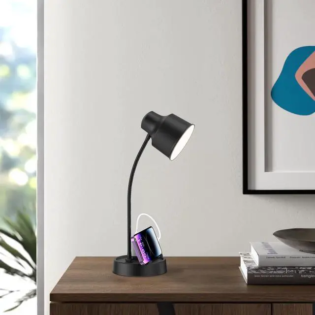 Alt view image 6 of 7 - Energetic LED Desk Lamp with Phone Holder, Table Lamp with AC Outlet, Adjustable Flexible Gooseneck, 4000K, Eye-Care Reading Light for Bedroom, Study, Computer Desk, Living Room, Home Office, Black