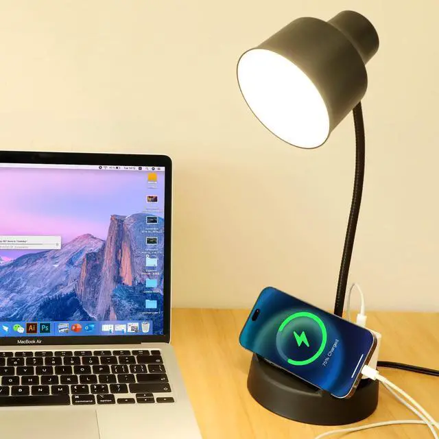 Alt view image 7 of 7 - Energetic LED Desk Lamp with Phone Holder, Table Lamp with AC Outlet, Adjustable Flexible Gooseneck, 4000K, Eye-Care Reading Light for Bedroom, Study, Computer Desk, Living Room, Home Office, Black