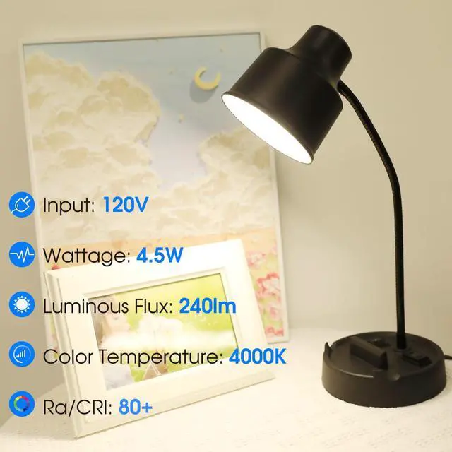 Alt view image 4 of 7 - Energetic LED Desk Lamp with Phone Holder, Table Lamp with AC Outlet, Adjustable Flexible Gooseneck, 4000K, Eye-Care Reading Light for Bedroom, Study, Computer Desk, Living Room, Home Office, Black