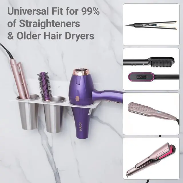 Alt view image 2 of 7 - Hair Tool Organizer Wall Mount, Stainless Steel Hair Tool Holder with 2 Heat-Resistant Cups, Curling Iron Holder for Vanity, Hot Tools Organizer with PVC Ring,Hair Dryer Holder for Bathroom,