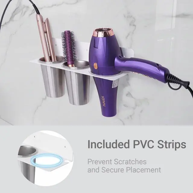 Alt view image 3 of 7 - Hair Tool Organizer Wall Mount, Stainless Steel Hair Tool Holder with 2 Heat-Resistant Cups, Curling Iron Holder for Vanity, Hot Tools Organizer with PVC Ring,Hair Dryer Holder for Bathroom,