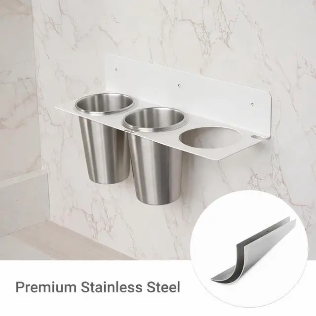Alt view image 5 of 7 - Hair Tool Organizer Wall Mount, Stainless Steel Hair Tool Holder with 2 Heat-Resistant Cups, Curling Iron Holder for Vanity, Hot Tools Organizer with PVC Ring,Hair Dryer Holder for Bathroom,