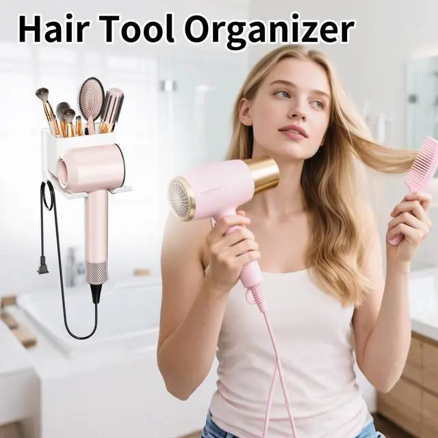 Alt view image 4 of 7 - Hair Dryer Holder Wall Mounted, Hair Tools Organizer for Bathroom, White