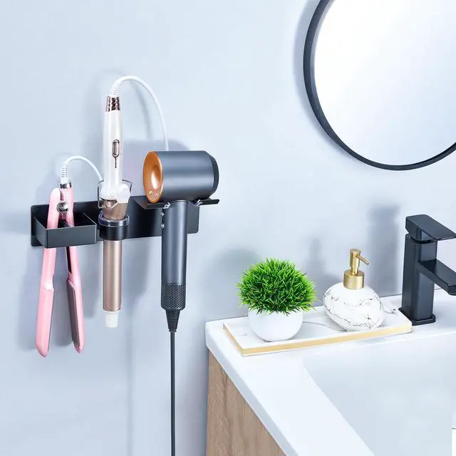 Alt view image 2 of 7 - Hair Dryer Holder Wall Mount Curling Iron Holder Flat Iron Holder, Blow Dryer Holder Wall, 3 in 1 Bathroom Hair Tool Organizer Rack for Universal Hairdryer Straightener Curlings (Black)