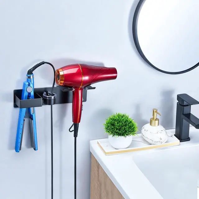 Alt view image 3 of 7 - Hair Dryer Holder Wall Mount Curling Iron Holder Flat Iron Holder, Blow Dryer Holder Wall, 3 in 1 Bathroom Hair Tool Organizer Rack for Universal Hairdryer Straightener Curlings (Black)