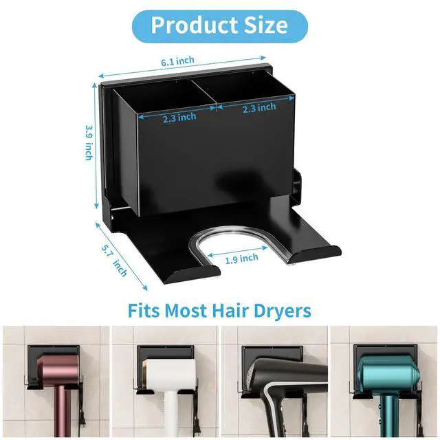 Alt view image 2 of 7 - Hair Dryer Holder Wall Mounted, Black Blow Dryer Holder
