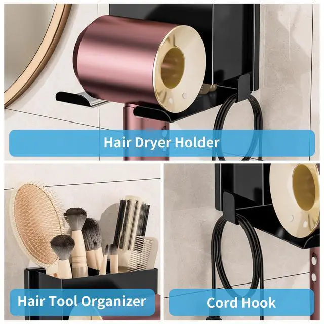 Alt view image 6 of 7 - Hair Dryer Holder Wall Mounted, Black Blow Dryer Holder