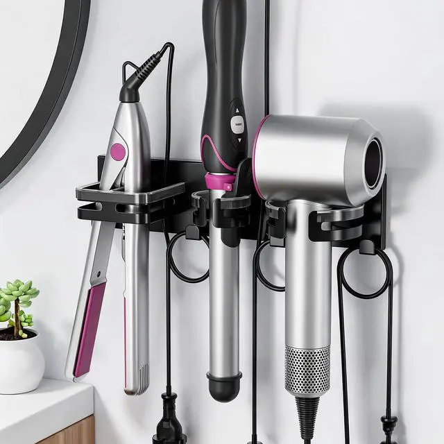 Main image of Hot Hair Tool Organizer Wall Mount with Plug & Cord Storage, Black