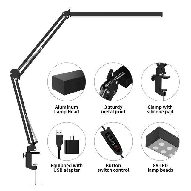 Alt view image 3 of 7 - LED Desk Lamp, Manicure Table Lamp, Eye-Caring Drafting Light, Dimmable Office Table Lamp with 3 Color Modes, 10 Brightness Levels & Adapter, Memory Function(Black)