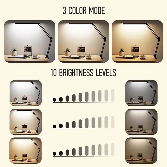 Alt view image 4 of 7 - LED Desk Lamp, Manicure Table Lamp, Eye-Caring Drafting Light, Dimmable Office Table Lamp with 3 Color Modes, 10 Brightness Levels & Adapter, Memory Function(Black)
