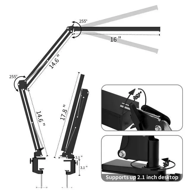 Alt view image 2 of 7 - LED Desk Lamp, Manicure Table Lamp, Eye-Caring Drafting Light, Dimmable Office Table Lamp with 3 Color Modes, 10 Brightness Levels & Adapter, Memory Function(Black)