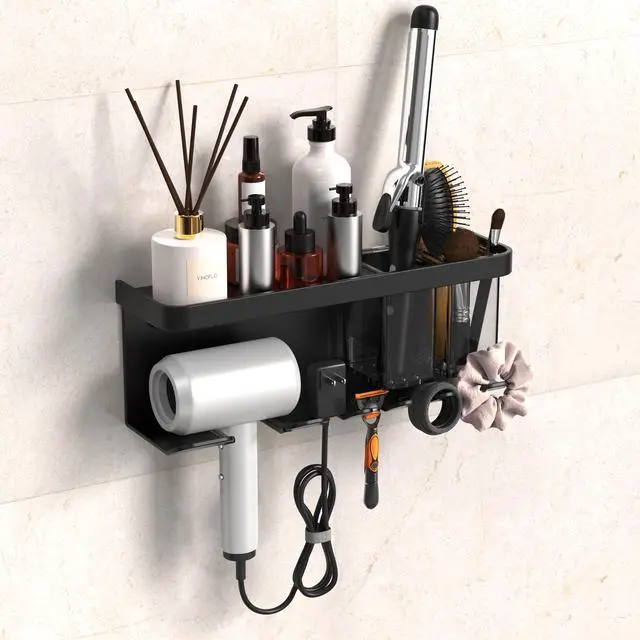 Main image of Hair Dryer Holder Wall Mounted Adhesive/Drilling, Hair Dryer Storage Organizer with Shelf & Hooks for Bathroom, Blow Dryer Holder, Hair Tool Organizer (Black)