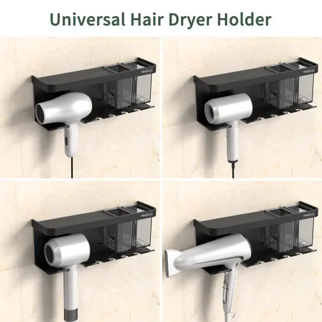 Alt view image 2 of 7 - Hair Dryer Holder Wall Mounted Adhesive/Drilling, Hair Dryer Storage Organizer with Shelf & Hooks for Bathroom, Blow Dryer Holder, Hair Tool Organizer (Black)