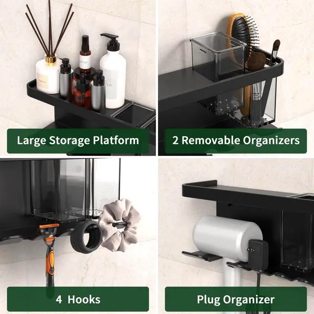 Alt view image 3 of 7 - Hair Dryer Holder Wall Mounted Adhesive/Drilling, Hair Dryer Storage Organizer with Shelf & Hooks for Bathroom, Blow Dryer Holder, Hair Tool Organizer (Black)