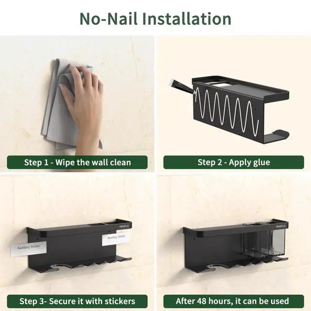 Alt view image 6 of 7 - Hair Dryer Holder Wall Mounted Adhesive/Drilling, Hair Dryer Storage Organizer with Shelf & Hooks for Bathroom, Blow Dryer Holder, Hair Tool Organizer (Black)