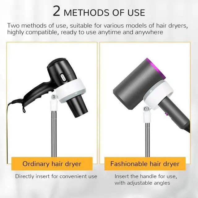 Alt view image 3 of 7 - Hair Dryer Stand, Adjustable Height Handsfree Hair Dryer Holder with Base, 180 Degree Rotating Floor Stand Blow Hairdryer Holder - White
