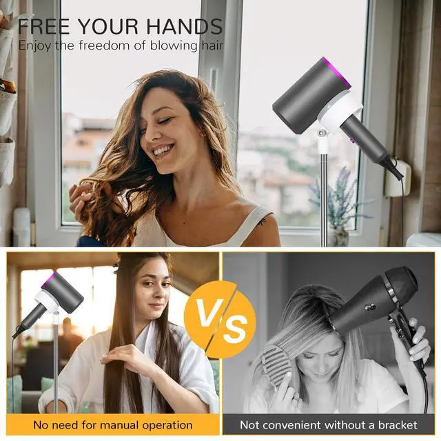 Alt view image 4 of 7 - Hair Dryer Stand, Adjustable Height Handsfree Hair Dryer Holder with Base, 180 Degree Rotating Floor Stand Blow Hairdryer Holder - White