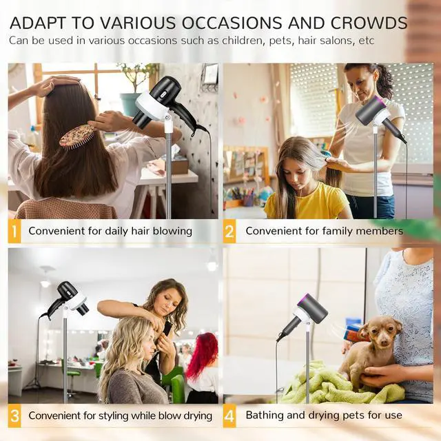 Alt view image 7 of 7 - Hair Dryer Stand, Adjustable Height Handsfree Hair Dryer Holder with Base, 180 Degree Rotating Floor Stand Blow Hairdryer Holder - White