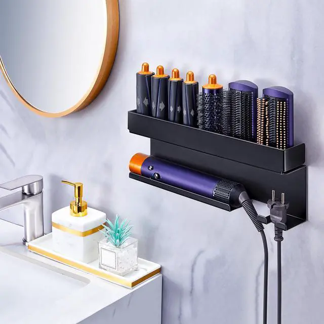 Alt view image 3 of 7 - Blow Dryer Holder Wall Mounted Hair Straightener Holder, Blow Dryer and Curling Iron Holder for 7 in 1 Styler Attachments, Hair Dryer Holder, Bathroom Hair Tools Organizer (Black)