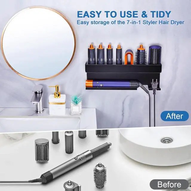 Alt view image 4 of 7 - Blow Dryer Holder Wall Mounted Hair Straightener Holder, Blow Dryer and Curling Iron Holder for 7 in 1 Styler Attachments, Hair Dryer Holder, Bathroom Hair Tools Organizer (Black)