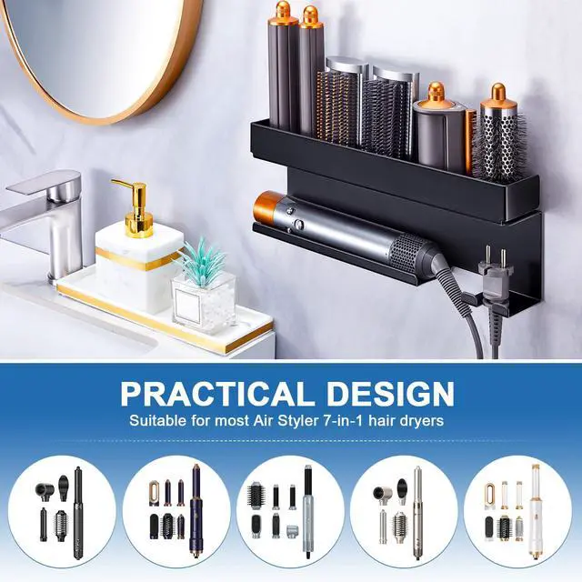 Alt view image 5 of 7 - Blow Dryer Holder Wall Mounted Hair Straightener Holder, Blow Dryer and Curling Iron Holder for 7 in 1 Styler Attachments, Hair Dryer Holder, Bathroom Hair Tools Organizer (Black)