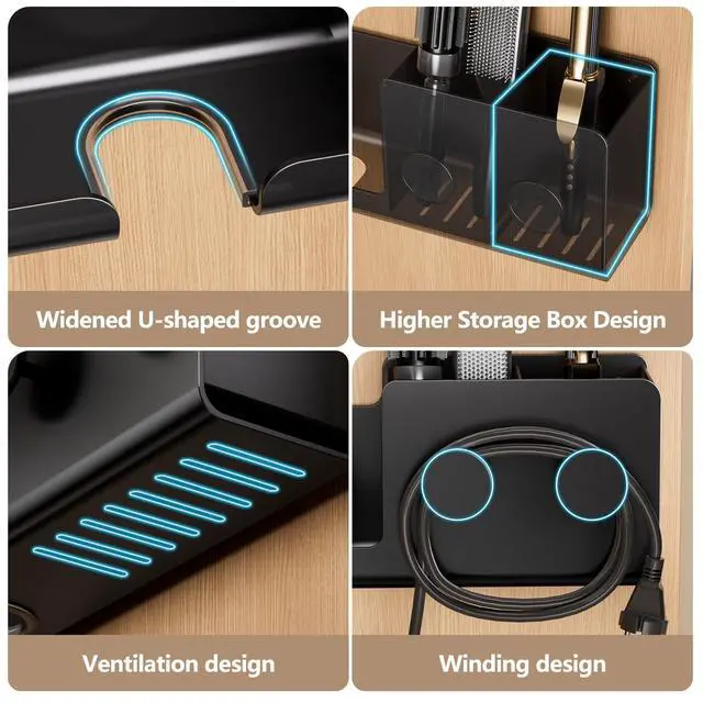 Alt view image 3 of 7 - Hair Dryer Holder,3-in-1 Hair Tool Organizer Heightened design with Plug&Cord Winding,Blow Dryer Holder Wall Mounted/Cabinet Door for Flat/Curling Irons Hair Straighteners (Black)
