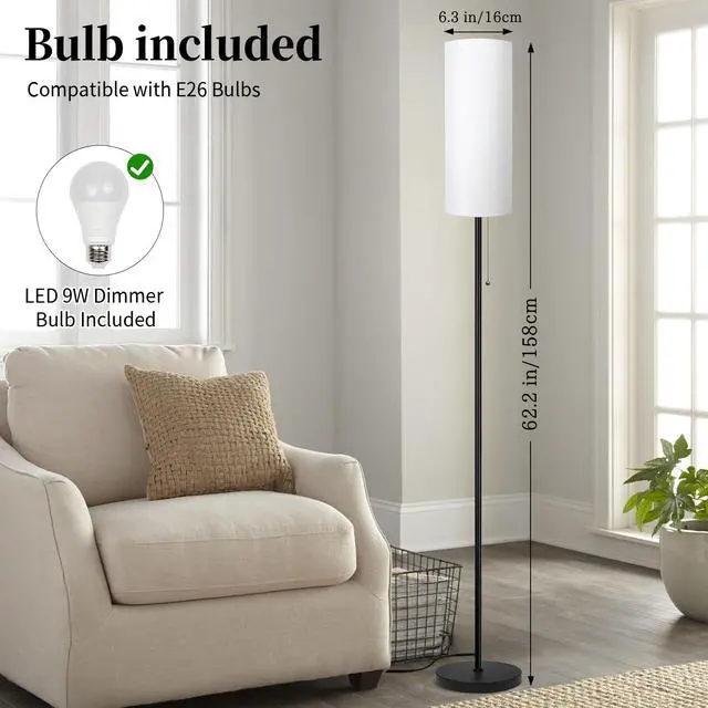 Alt view image 2 of 7 - Floor Lamp for Living Room, Modern Standing Lamps with Lampshade, Minimalist Tall Lamp with Chain Switch for Living Room, Bedroom, Kids Room, Office,Standing Lamp LED Bulb Included (White Shade)