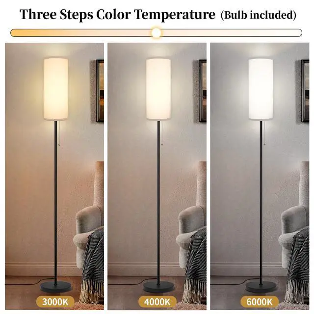 Alt view image 3 of 7 - Floor Lamp for Living Room, Modern Standing Lamps with Lampshade, Minimalist Tall Lamp with Chain Switch for Living Room, Bedroom, Kids Room, Office,Standing Lamp LED Bulb Included (White Shade)
